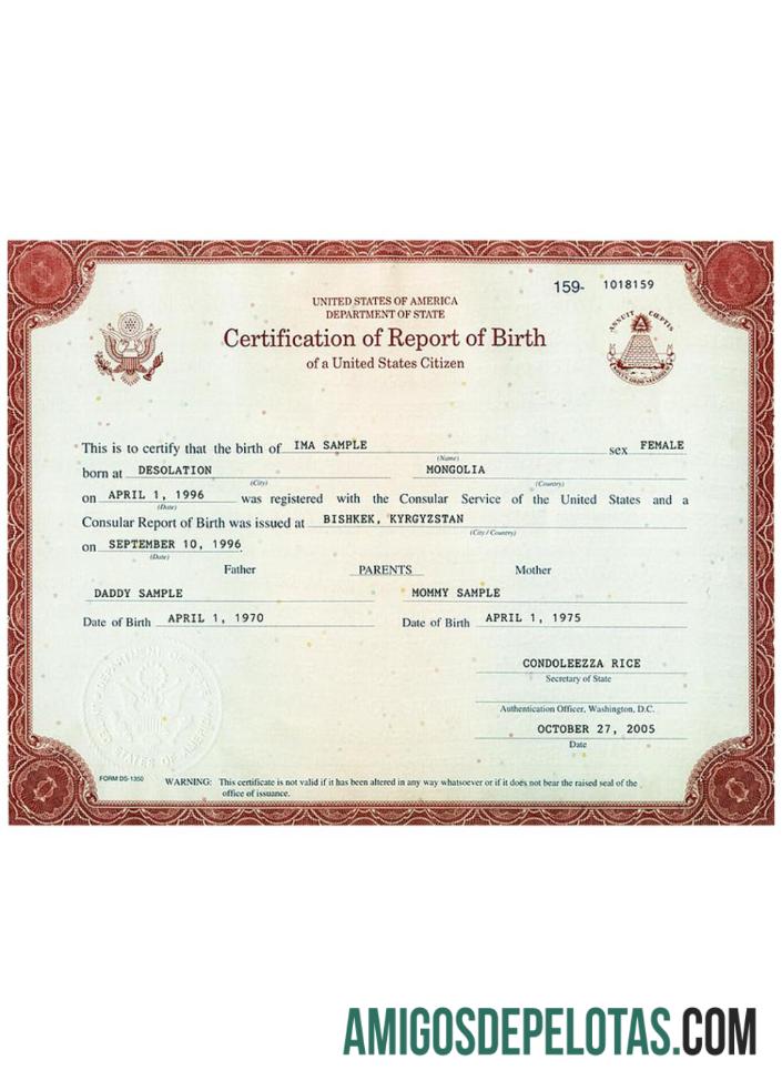 Certificação de relatório de nascimento nos EUA amostra